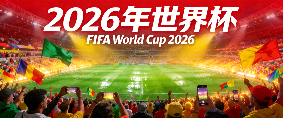 2026年世界杯主视觉横幅，展示足球场与欢呼的球迷